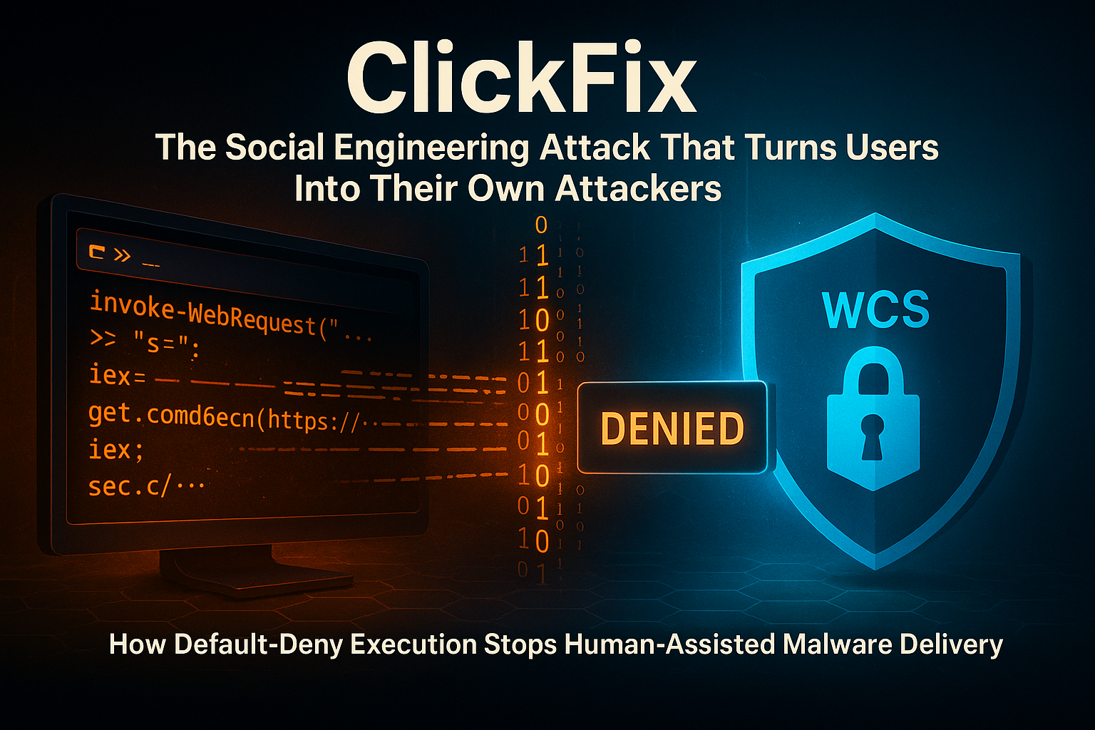 ClickFix social engineering attack β a fake fix dialog tricking a user into pasting a malicious PowerShell command, blocked by WCS Trust Lockdown before execution
