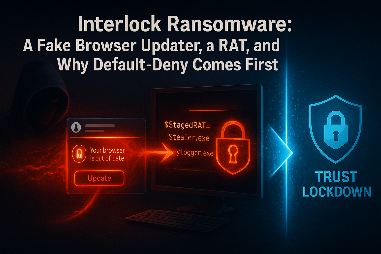 Interlock ransomware fake browser updater — White Cloud Security Trust Lockdown default-deny would help block the RAT, scripts, and encryptor before they run