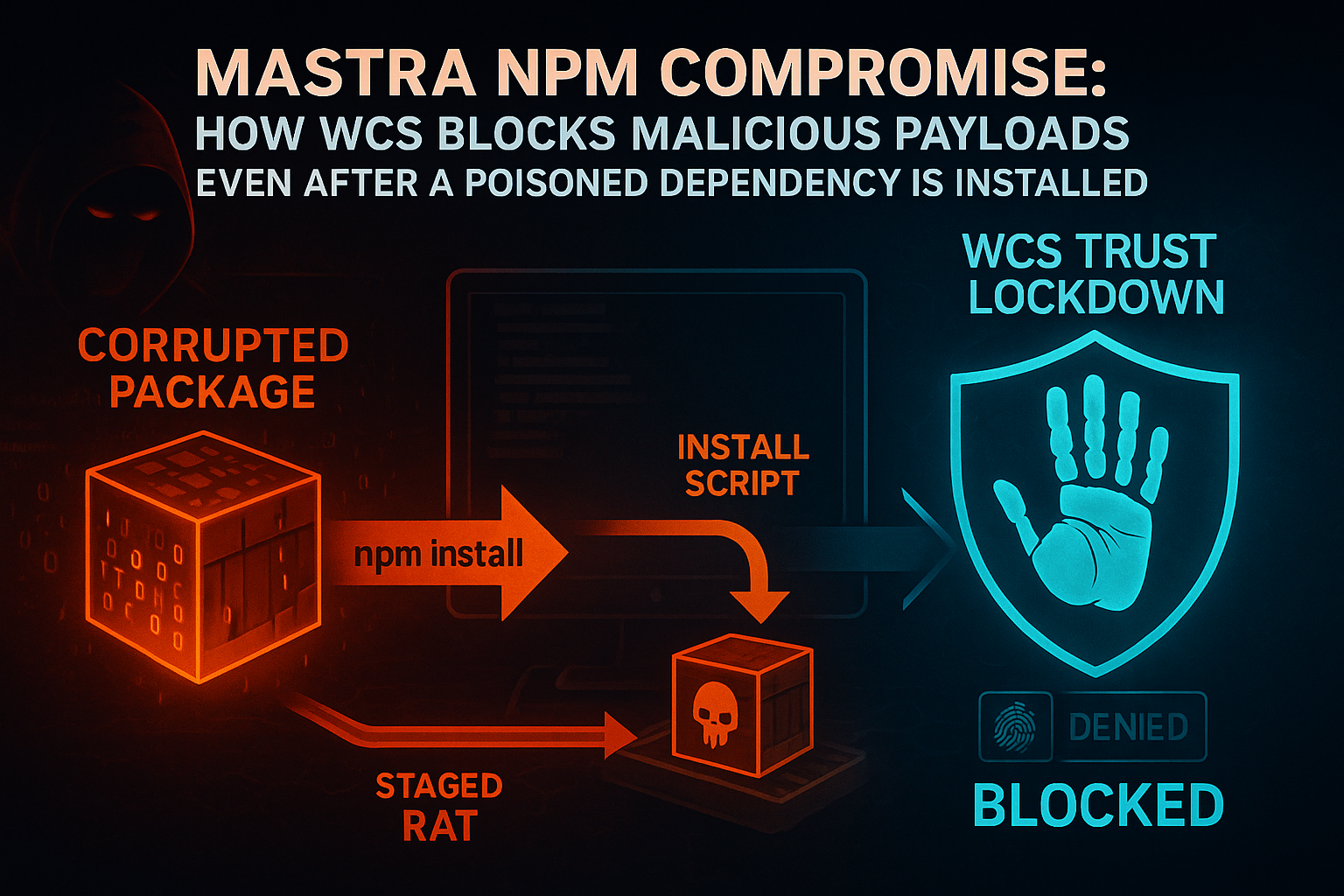 Mastra npm supply-chain compromise via the easy-day-js dependency — White Cloud Security Default-Deny Zero-Trust Application Control blocks the postinstall payload from executing