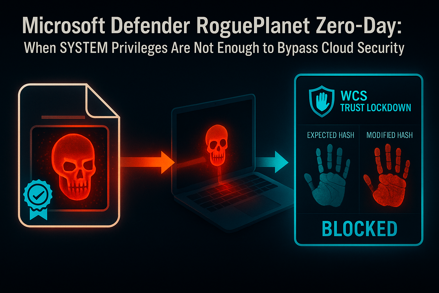 RoguePlanet Microsoft Defender zero-day escalates to SYSTEM, with White Cloud Security Trust Lockdown blocking unauthorized software execution at the post-escalation stage